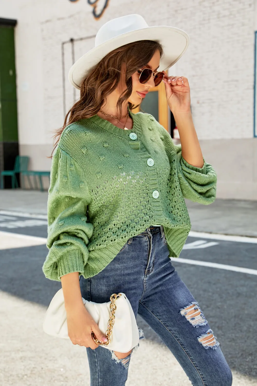 Openwork Pompom Puff Sleeve Cardigan, image 7