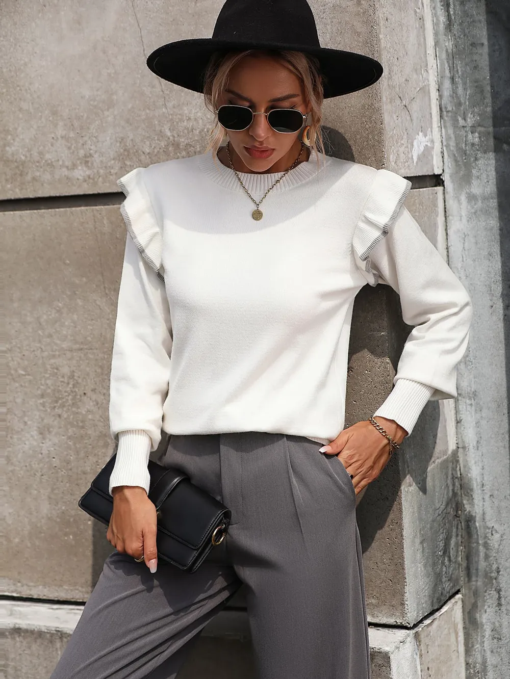 Round Neck Ruffle Trim Long Sleeve Pullover Sweater, image 11