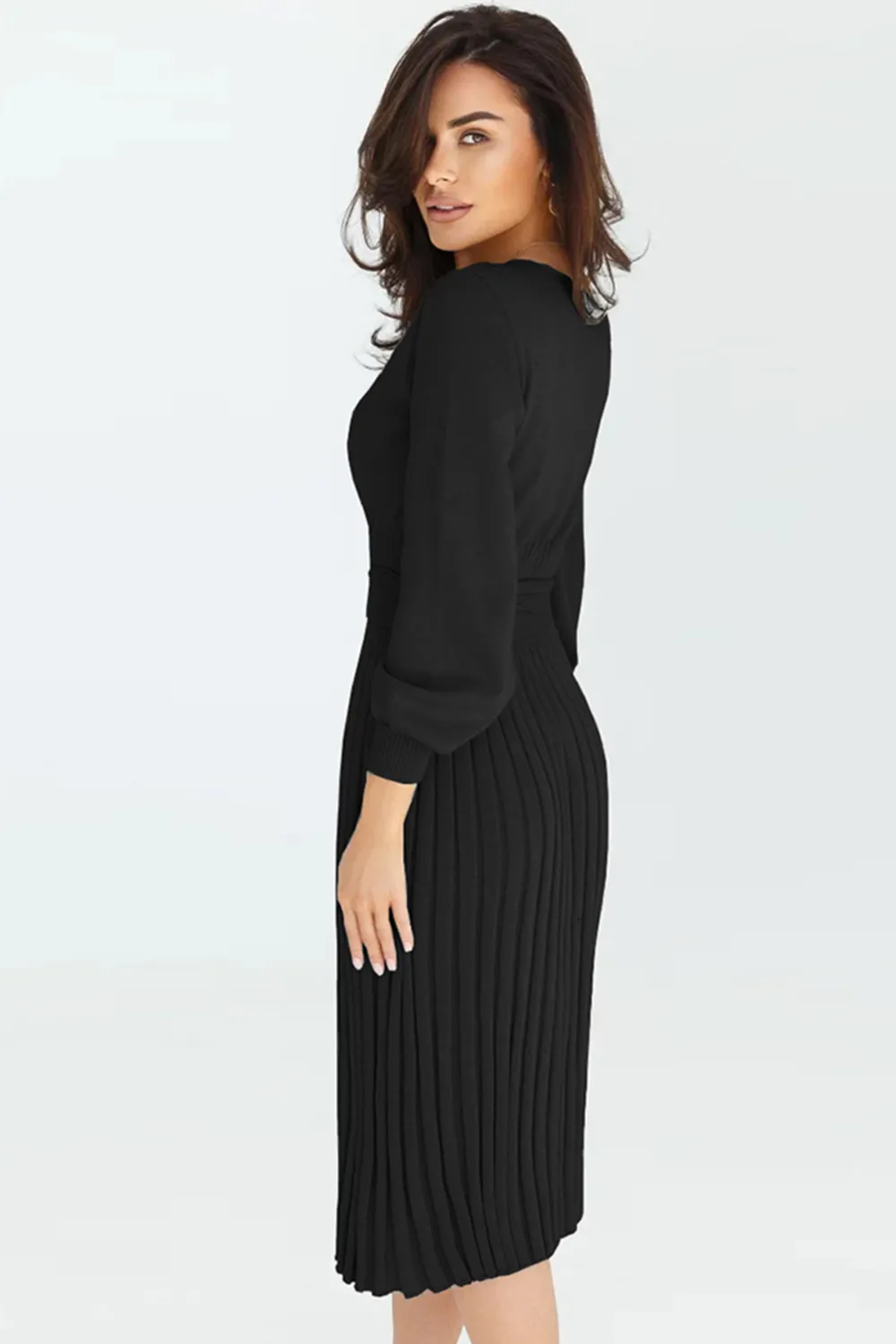 Round Neck Long Sleeve Pleated Sweater Dress, image 7