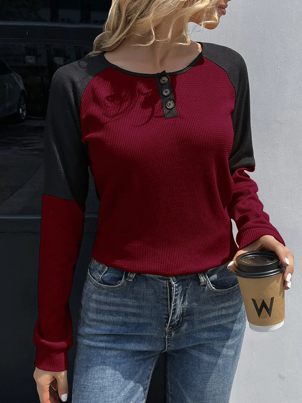 Contrast Buttoned Round Neck Raglan Sleeve Top, image 5