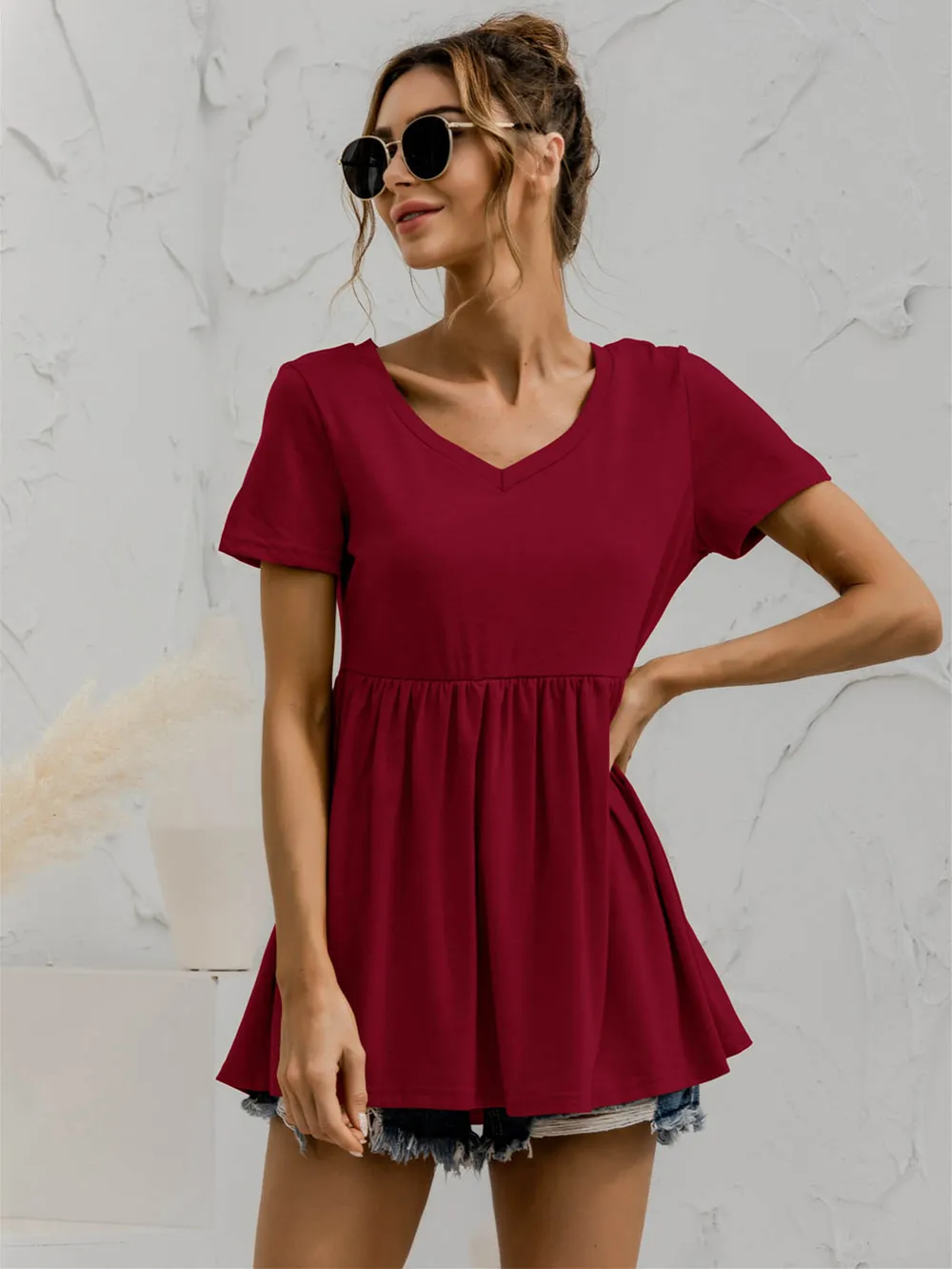 V-Neck Short Sleeve Babydoll Top, image 7