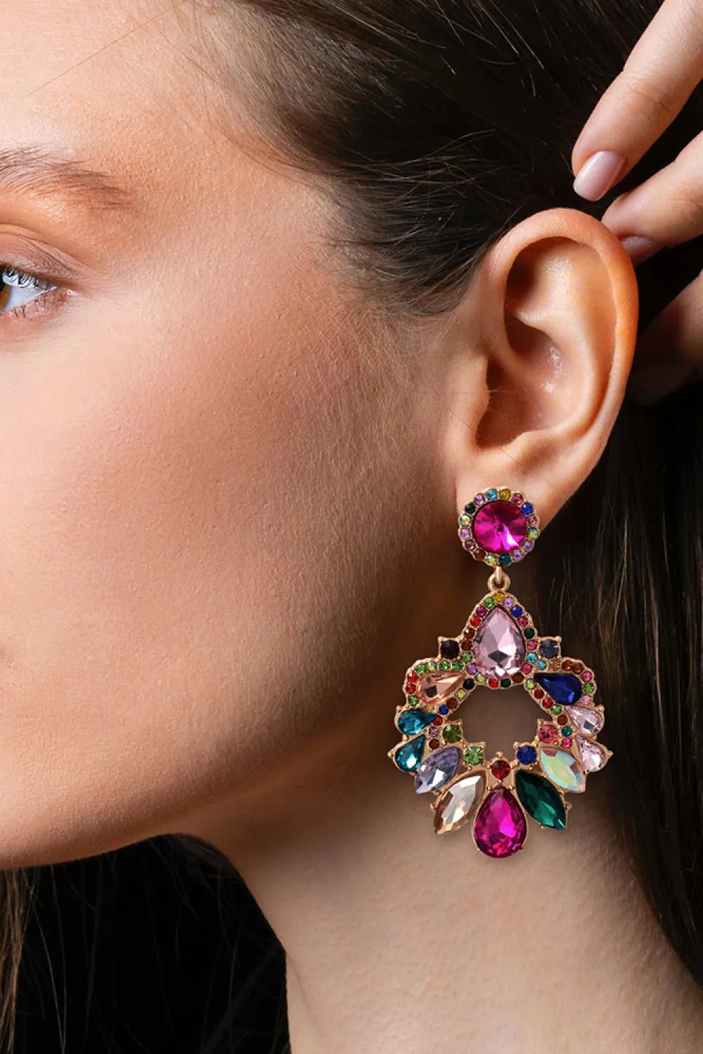 Zinc Alloy Frame Glass Stone Dangle Earrings, image 3