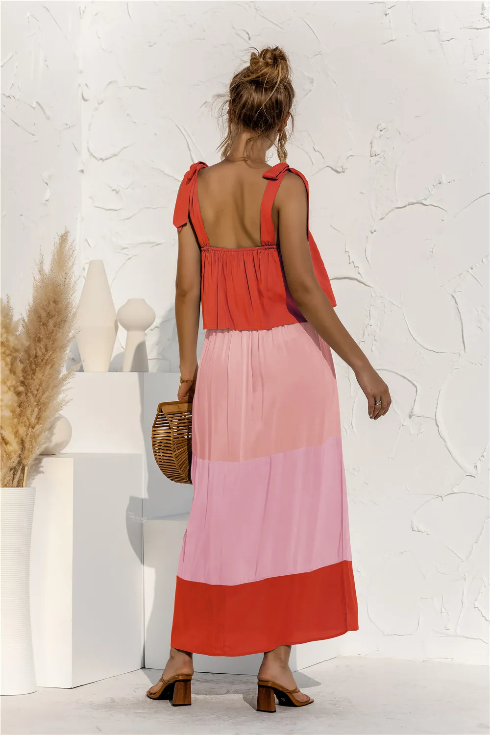 Color Block Tie Shoulder Tiered Sleeveless Dress, image 4