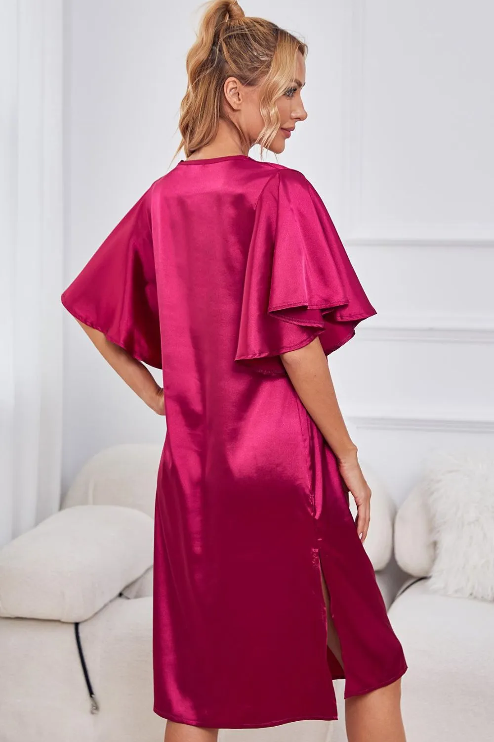 Satin Flutter Sleeve Side Slit V-Neck Night Dress, image 3