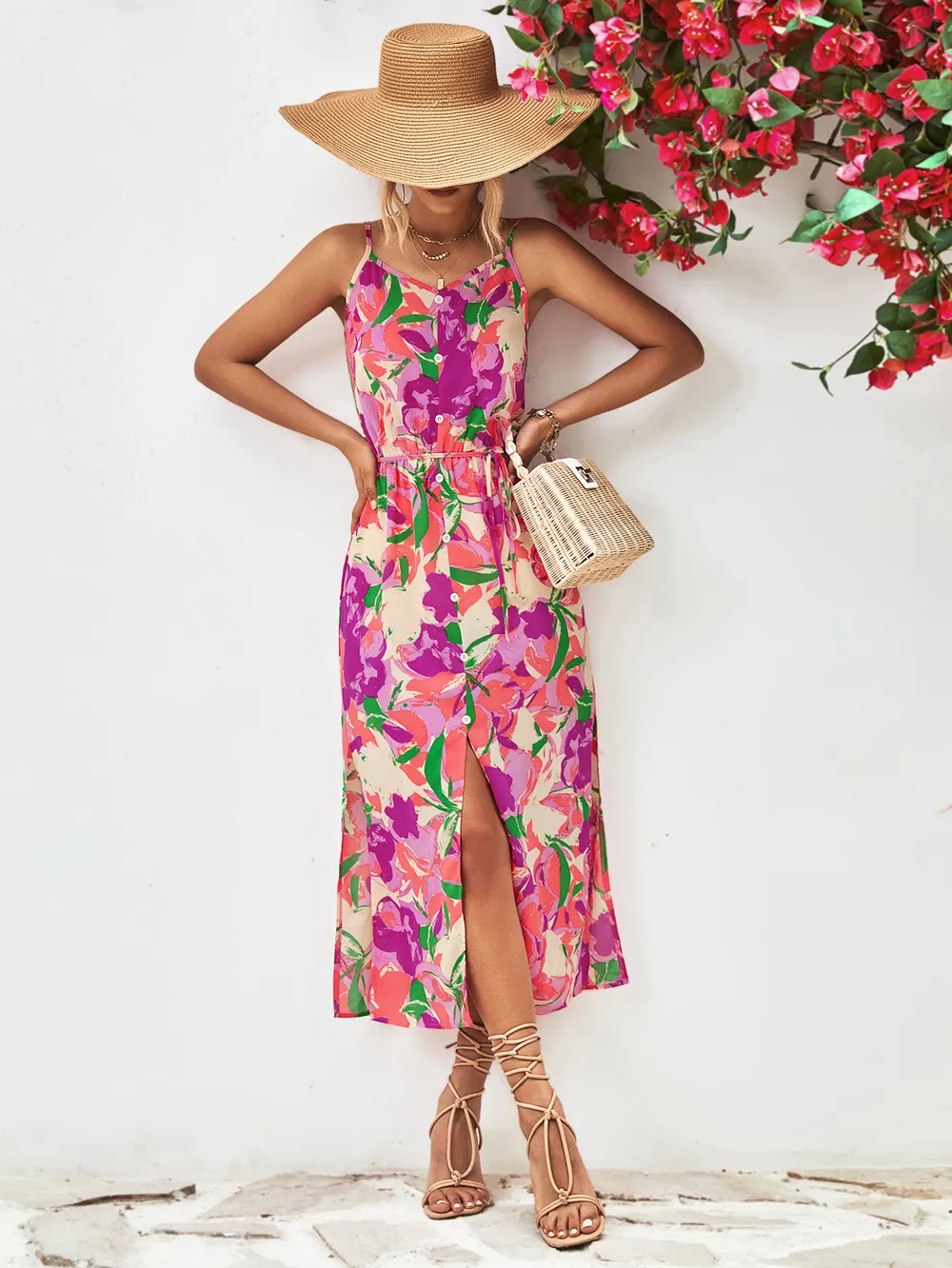 Printed Spaghetti Strap Front Slit Dress, image 6