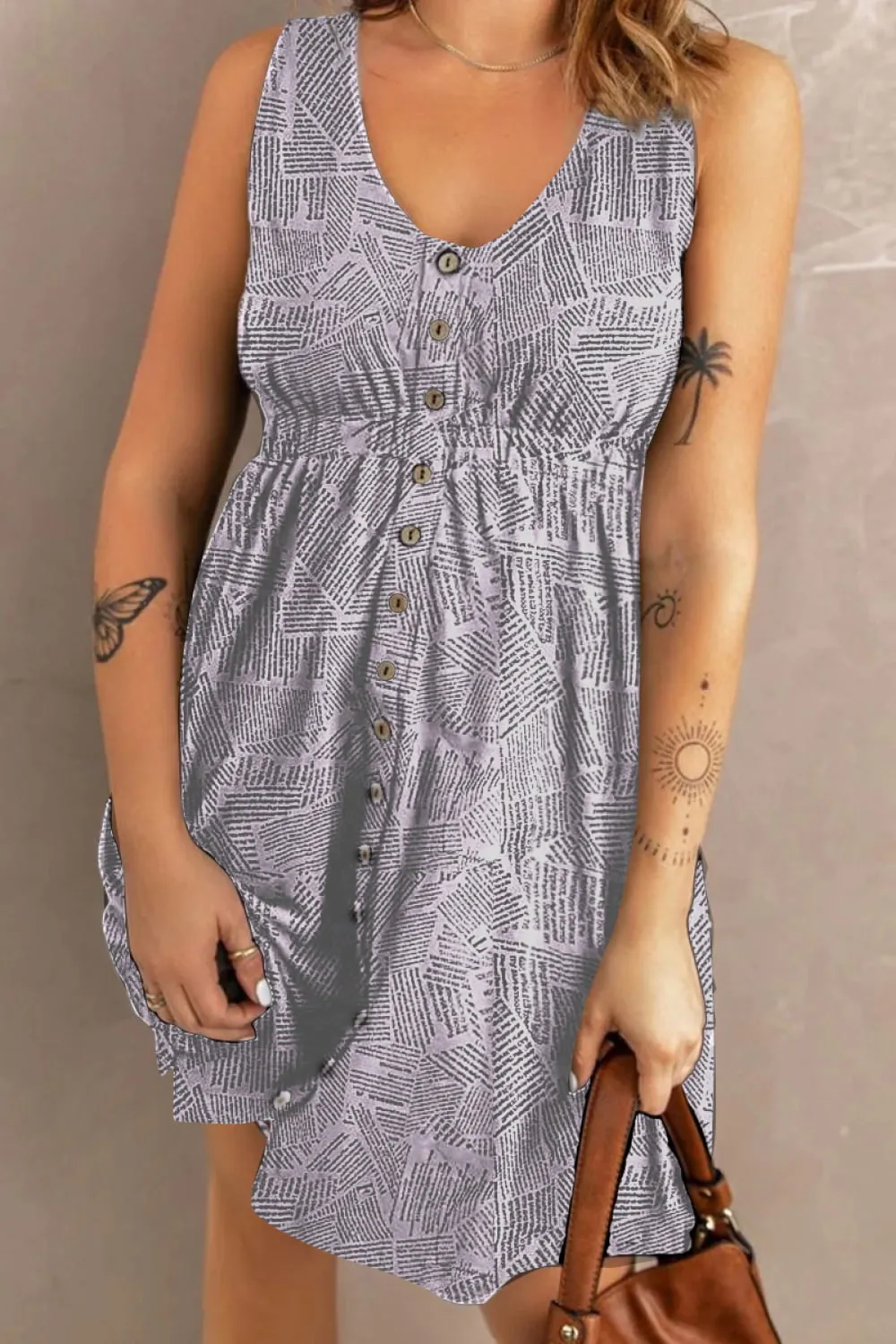 Printed Scoop Neck Sleeveless Buttoned Magic Dress with Pockets, image 13