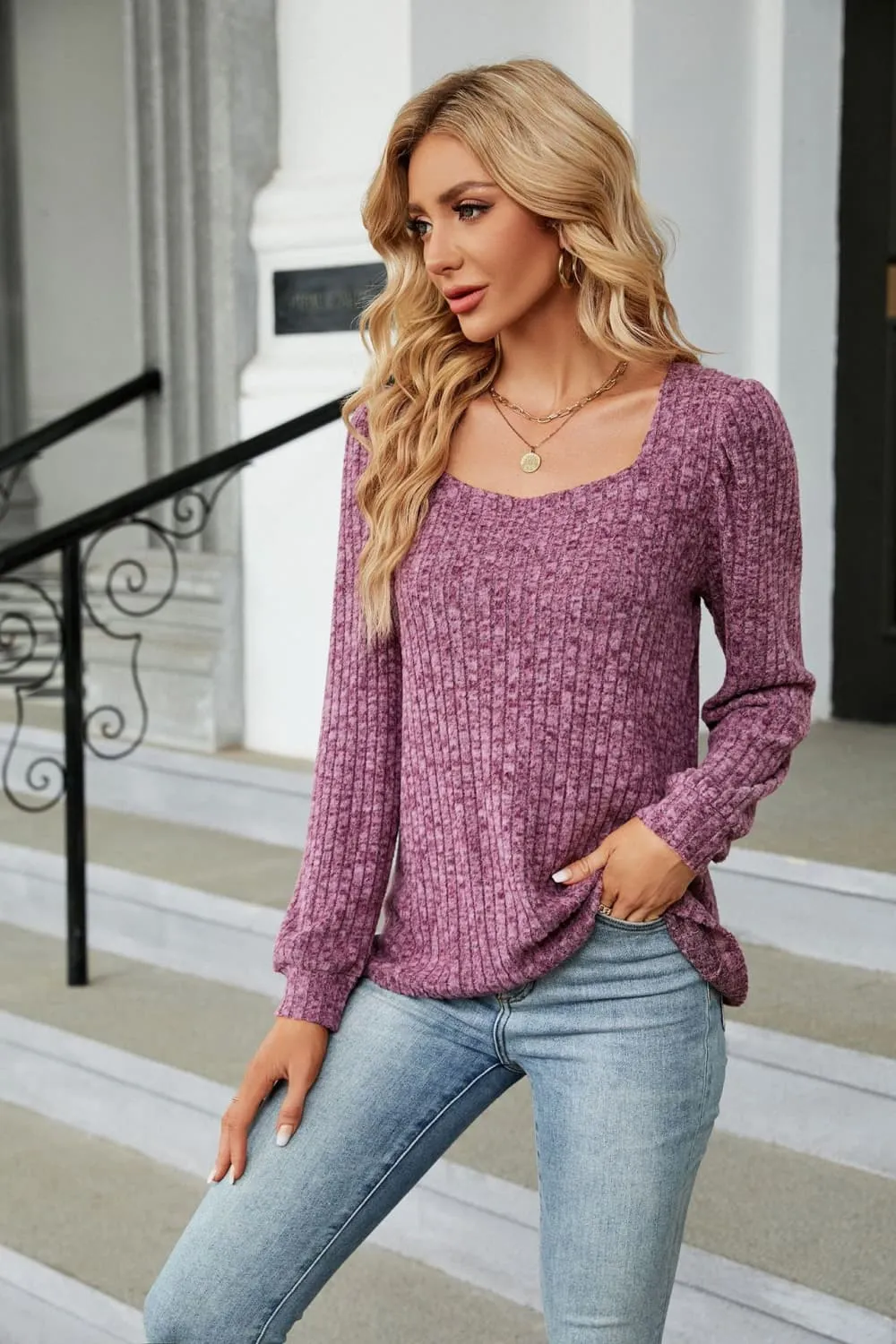 Ribbed Square Neck Long Sleeve T-Shirt, image 5