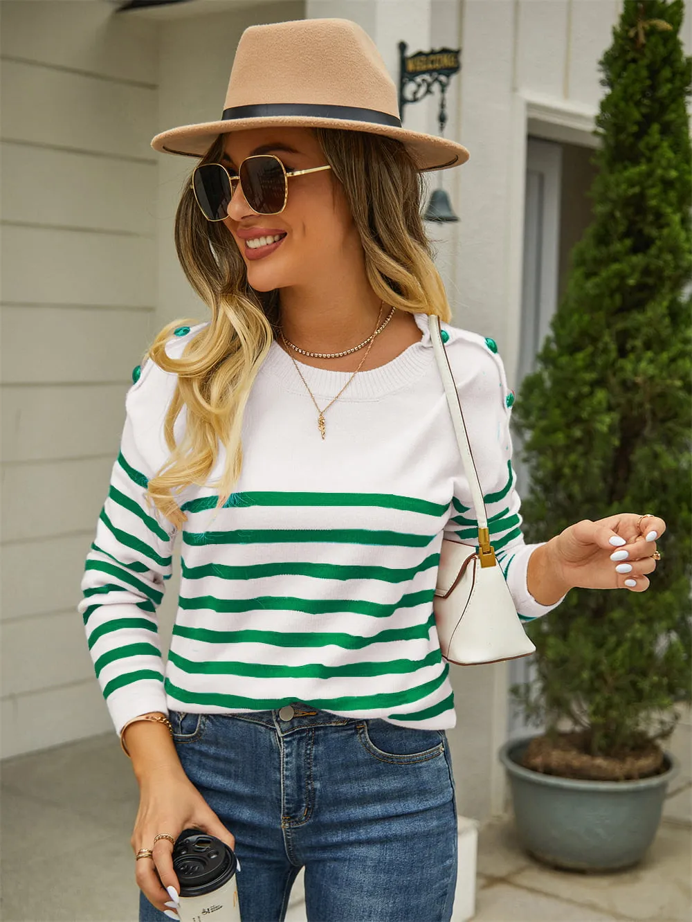 Round Neck Shoulder Button Striped Pullover Sweater, image 10