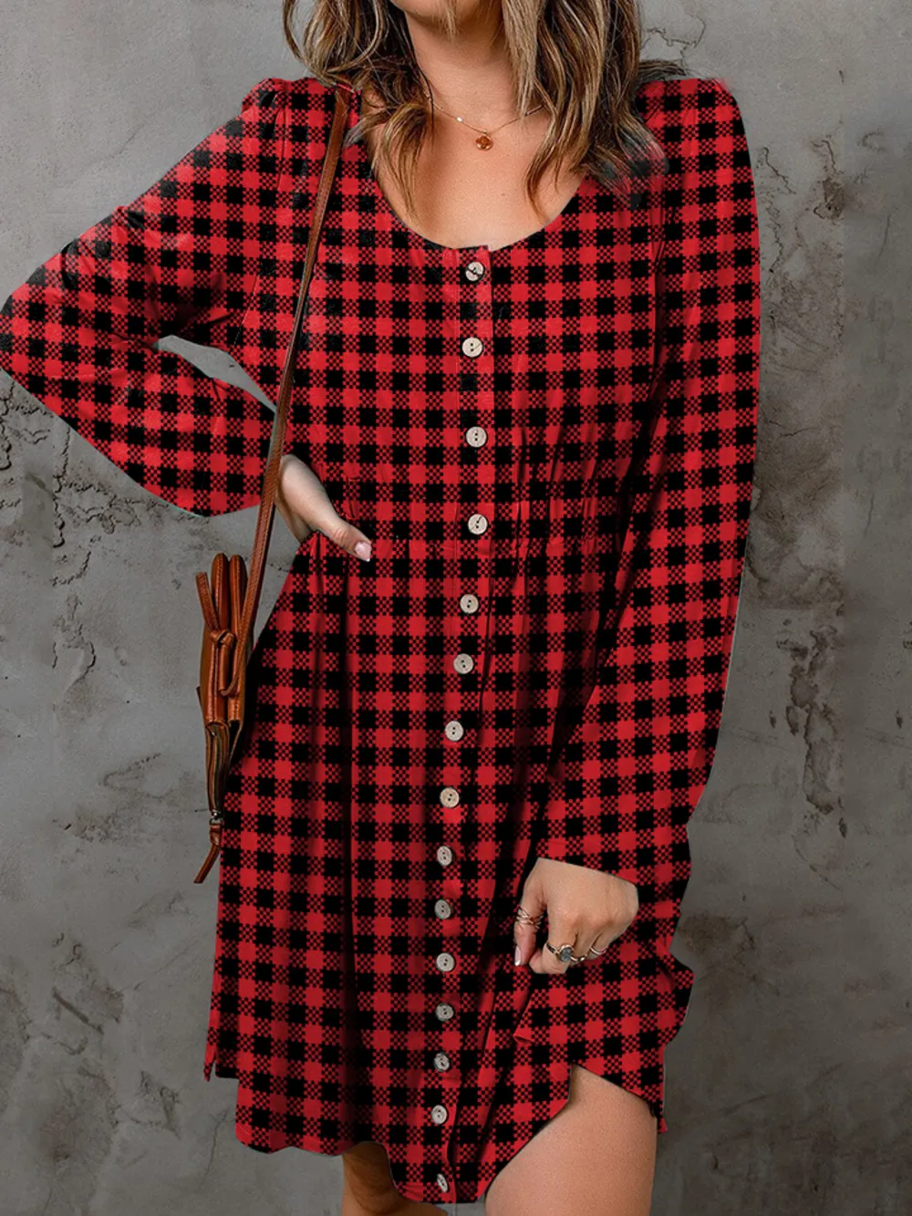 Full Size Plaid Round Neck Long Sleeve Magic Dress, image 3