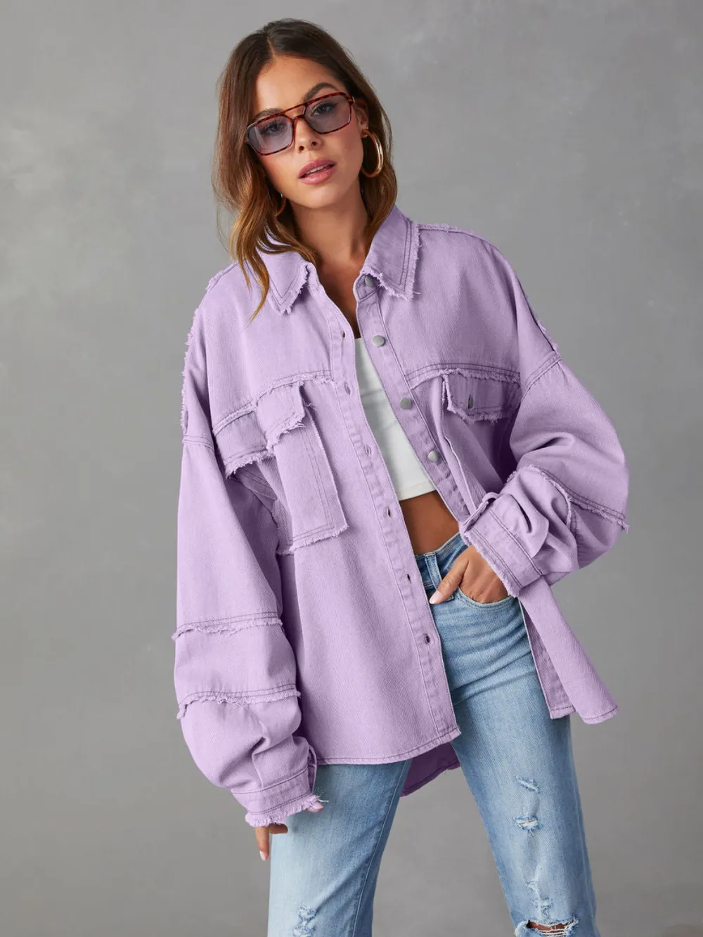 Dropped Shoulder Raw Hem Jacket, image 7
