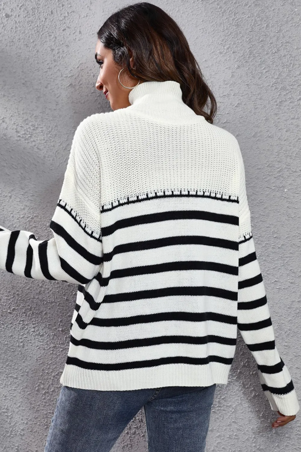 Striped Turtleneck Drop Shoulder Sweater, image 6