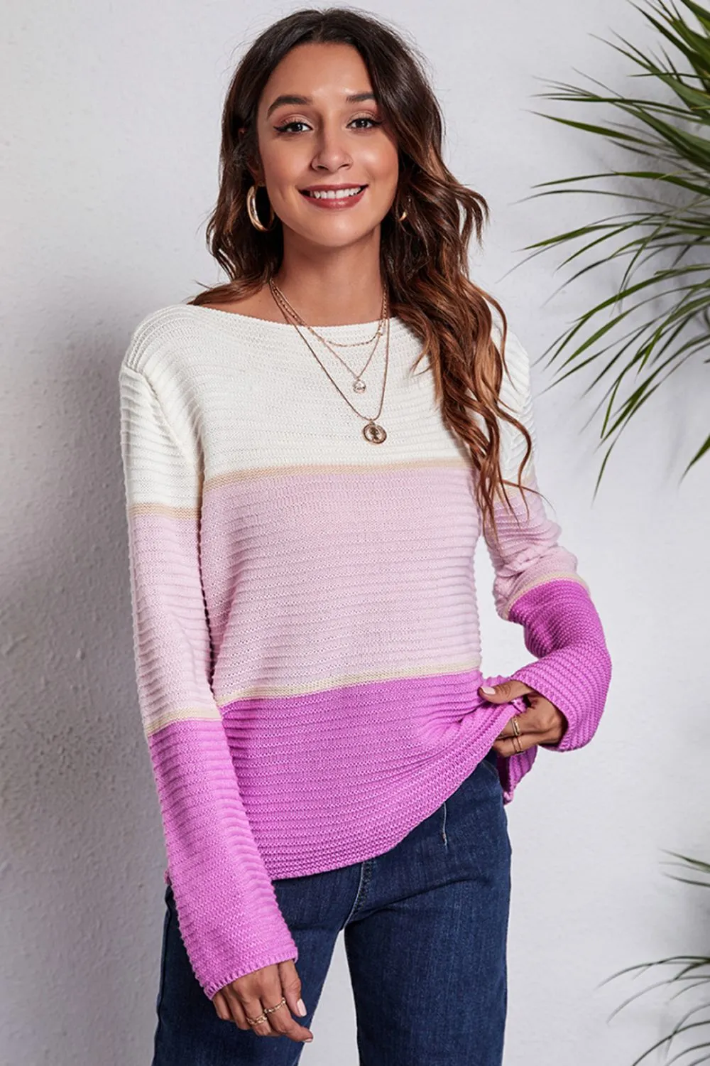 Color Block Horizontal Ribbing Sweater, image 2