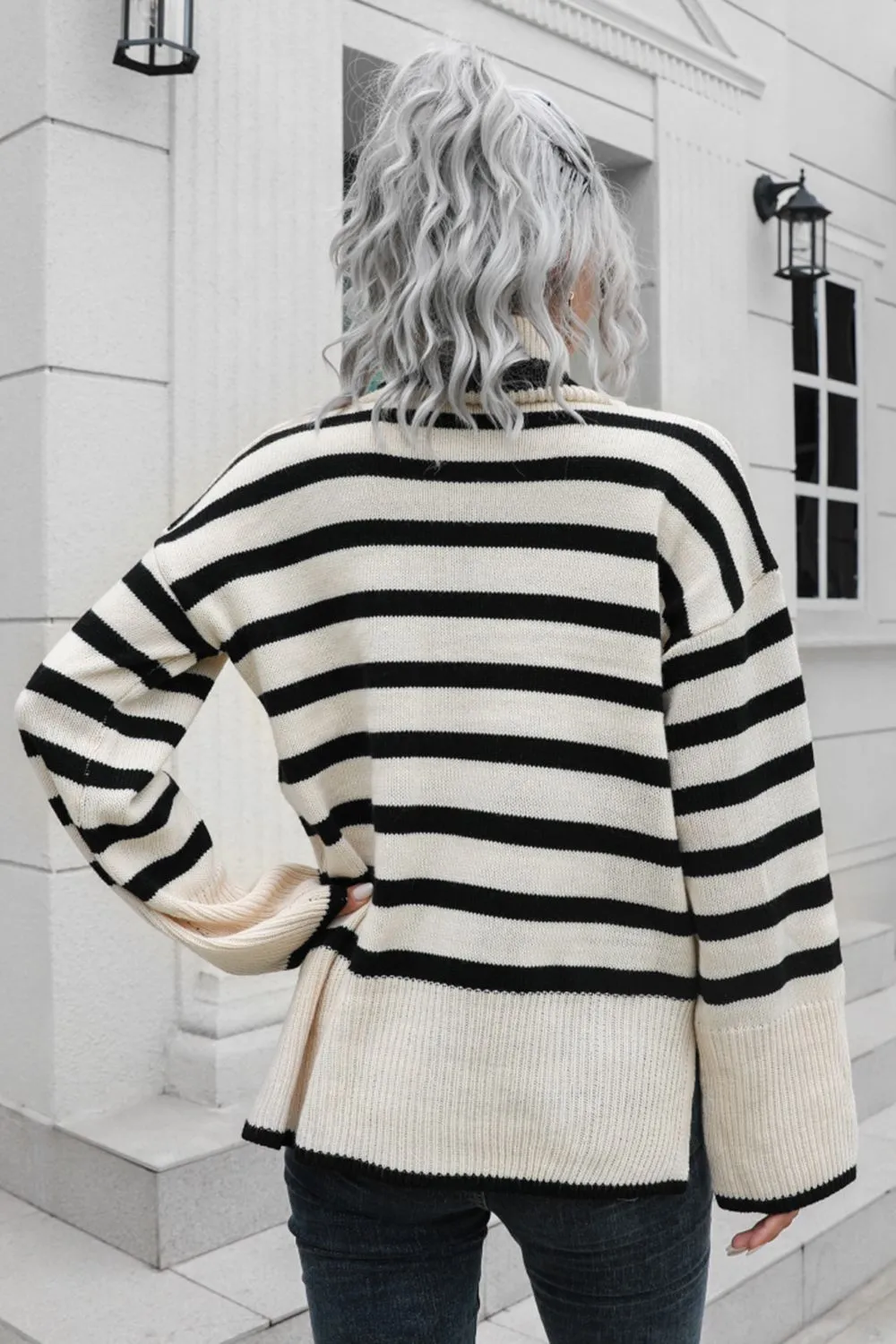 Striped Turtleneck Drop Shoulder Sweater, image 2