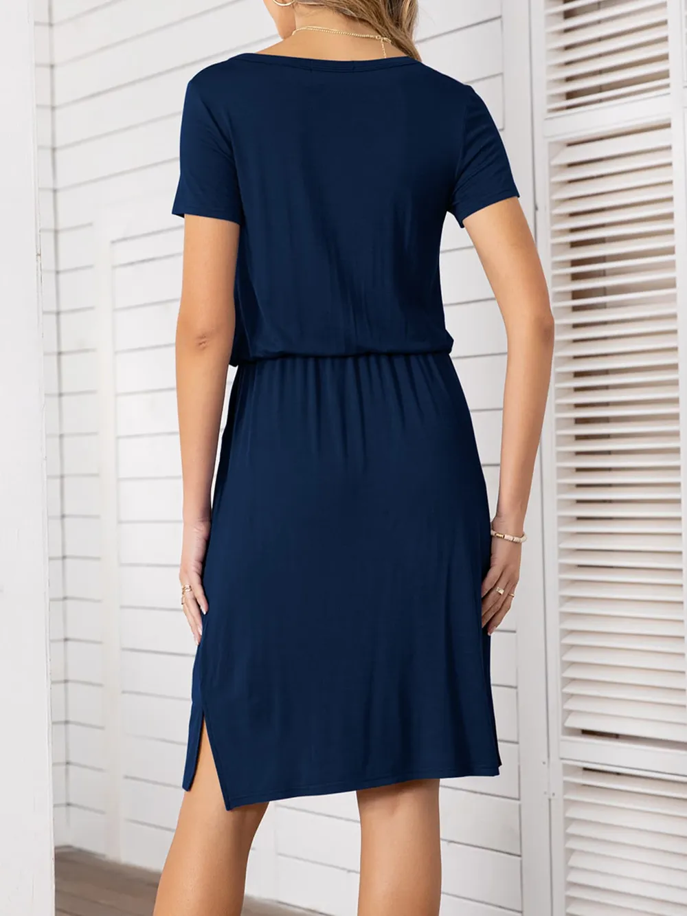 Round Neck Short Sleeve Slit Dress with Pockets, image 9