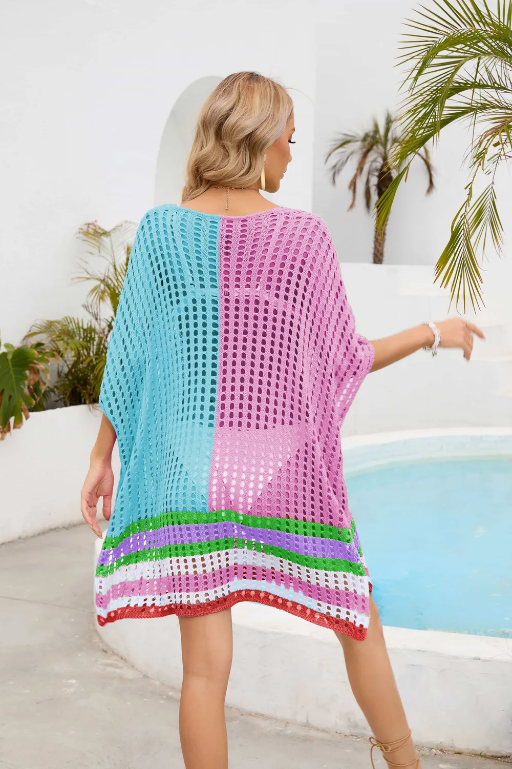 Contrast Scoop Neck Openwork Half Sleeve Cover Up, image 15