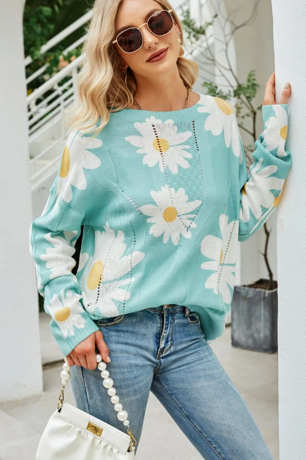 Daisy Print Openwork Round Neck Sweater, image 2