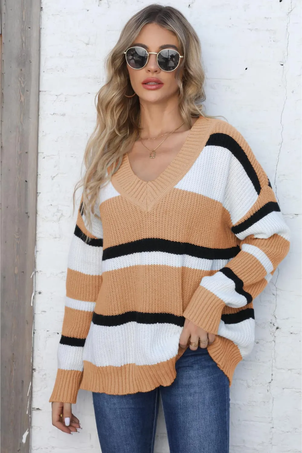 Color Block V-Neck Dropped Shoulder Sweater, image 10