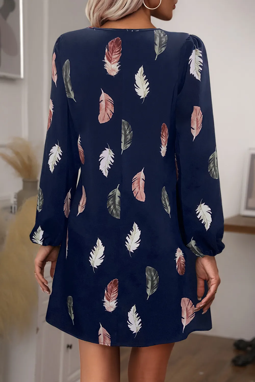 Feather Print V-Neck Dress, image 4