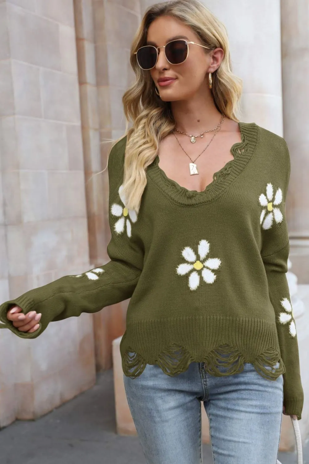 Flower Distressed Ribbed Trim Sweater, image 8