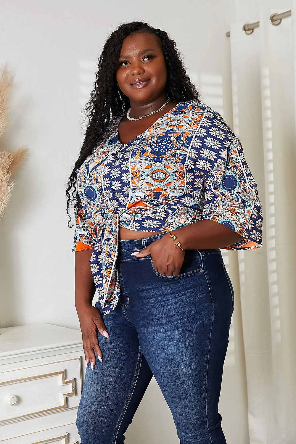 Tie Hem V-Neck Three-Quarter Sleeve Blouse, image 8