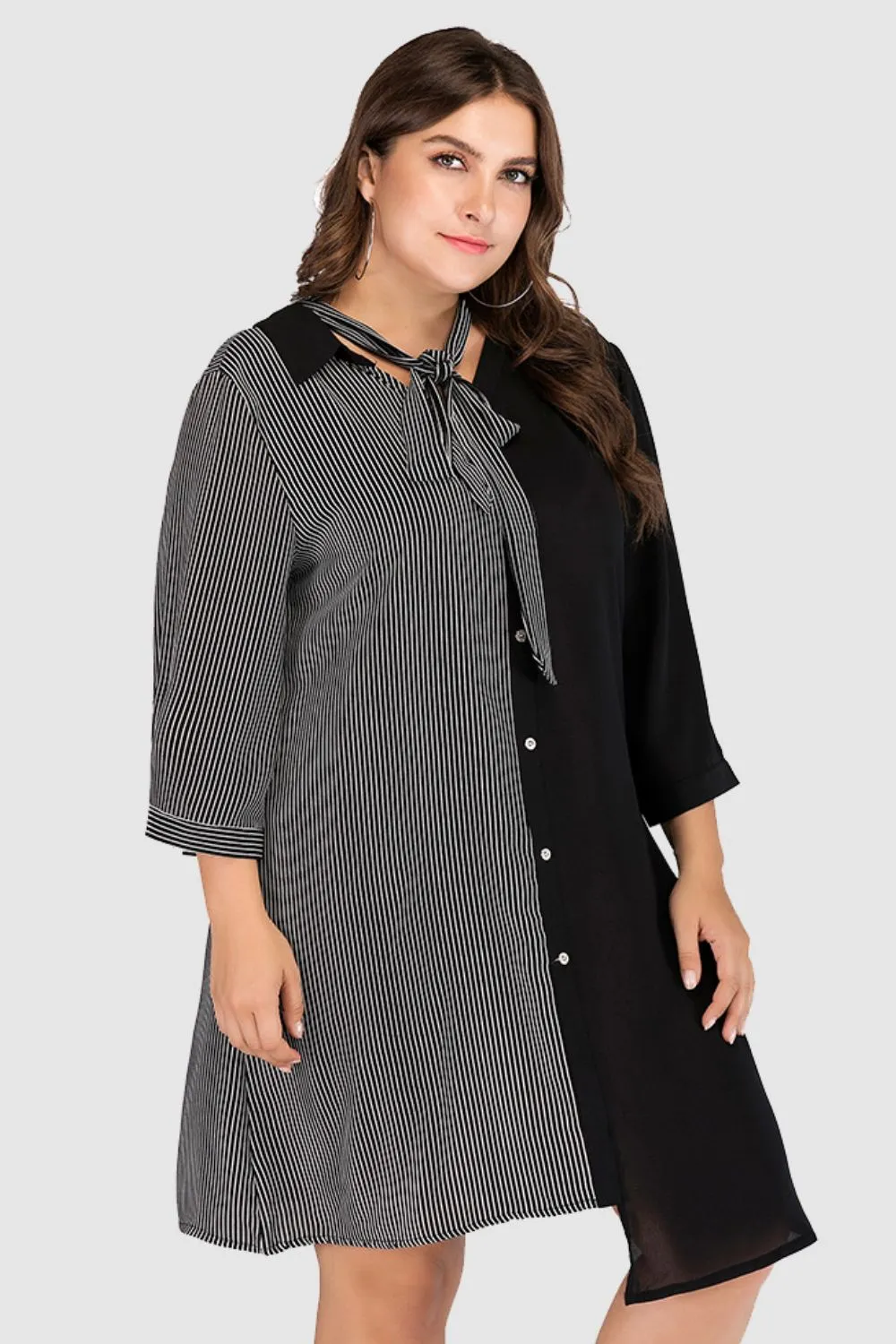 Plus Size Striped Color Block Tie-Neck Dress, image 2