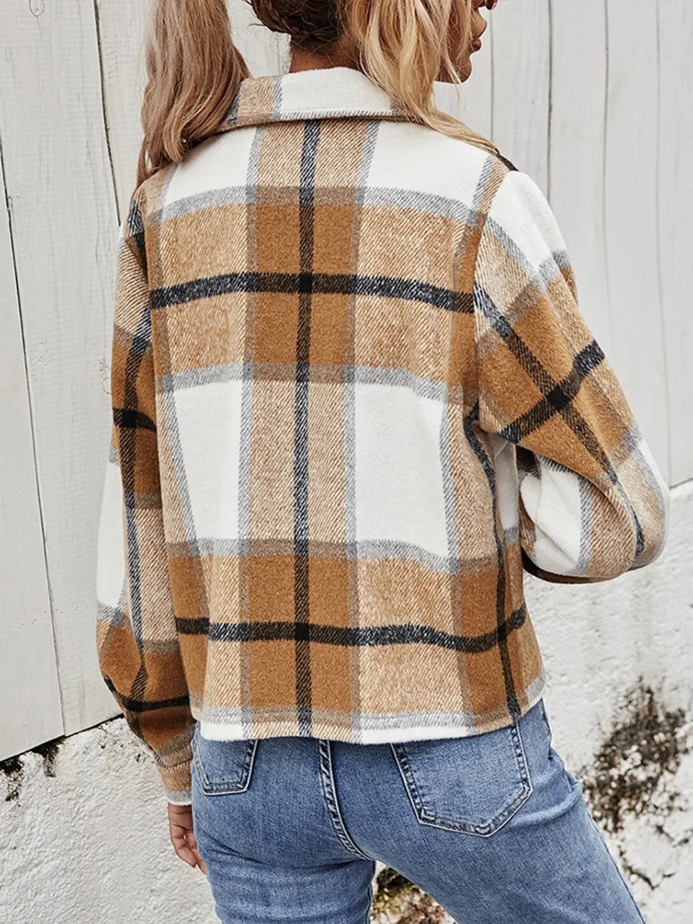 Plaid Collared Neck Jacket with Breast Pockets, image 9