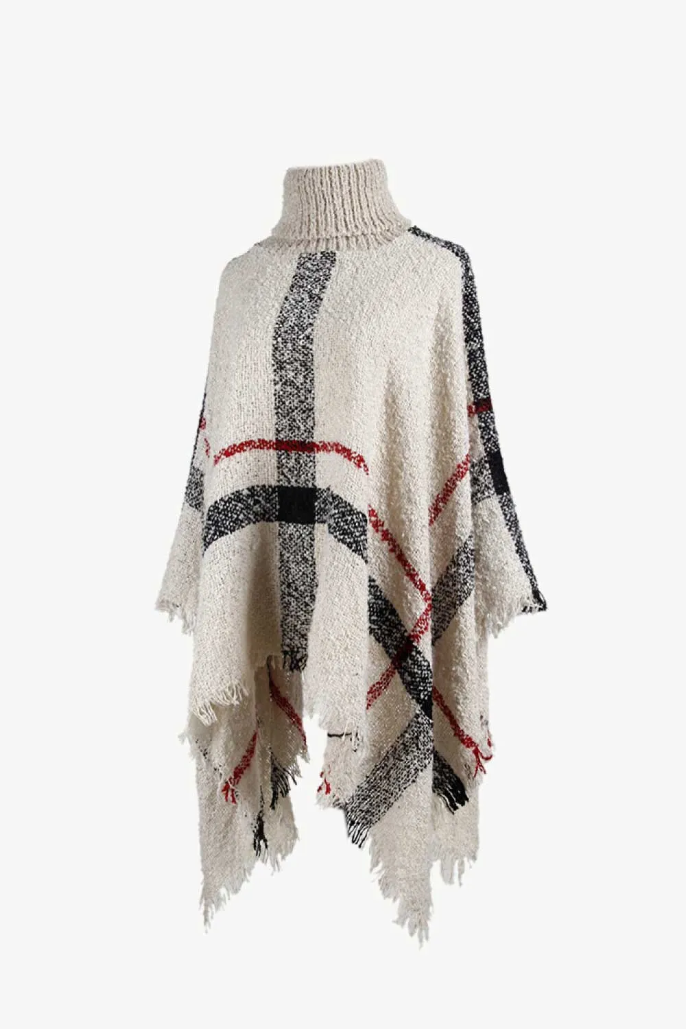 Plaid Turtleneck Raw Hem Poncho, image 4