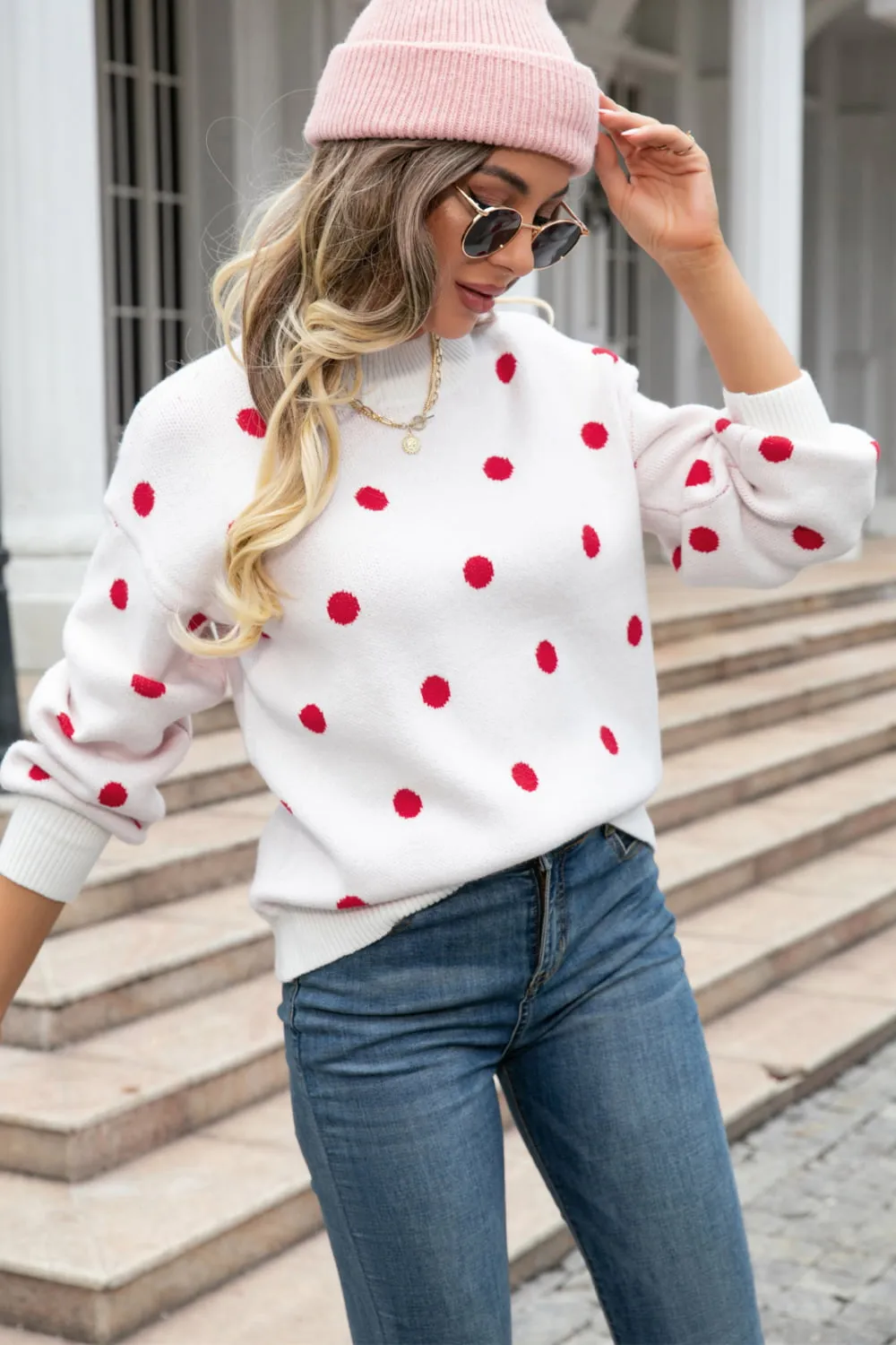 Polka Dot Round Neck Dropped Shoulder Sweater, image 10