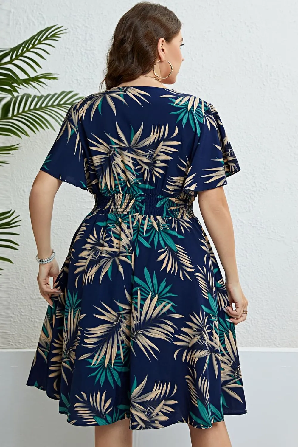 Botanical Print Flutter Sleeve Smocked Waist Dress, image 2
