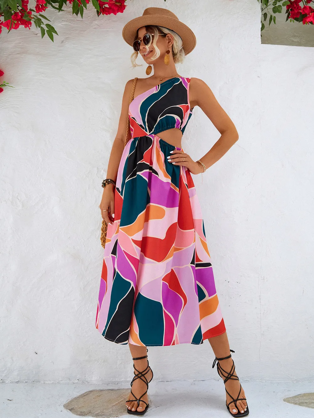 Printed Cutout One-Shoulder Sleeveless Dress, image 3