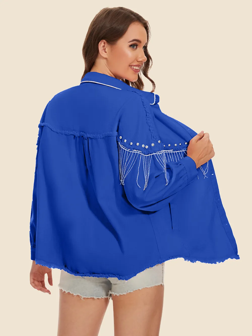 Raw Hem Fringe Detail Denim Jacket, image 12