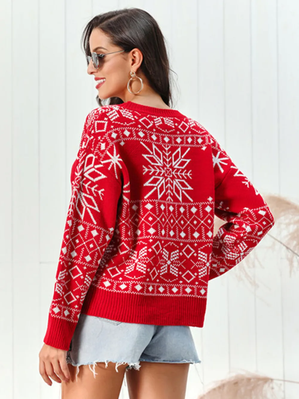 Snowflake Pattern Round Neck Sweater, image 2