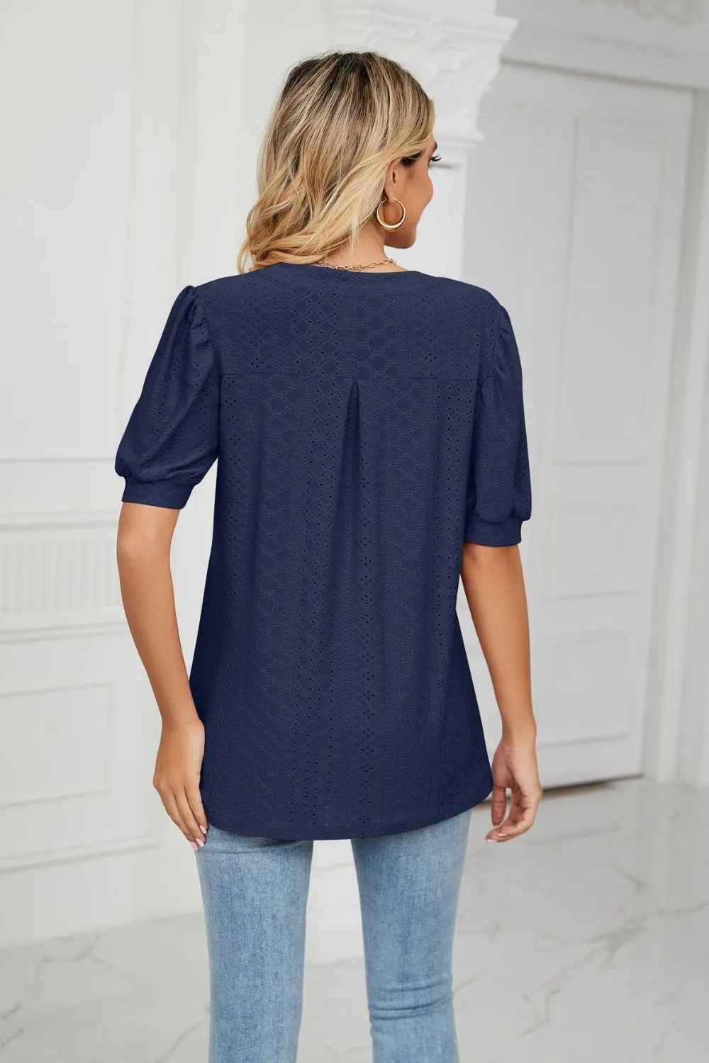 Eyelet Short Puff Sleeve Notched Neck Top, image 34