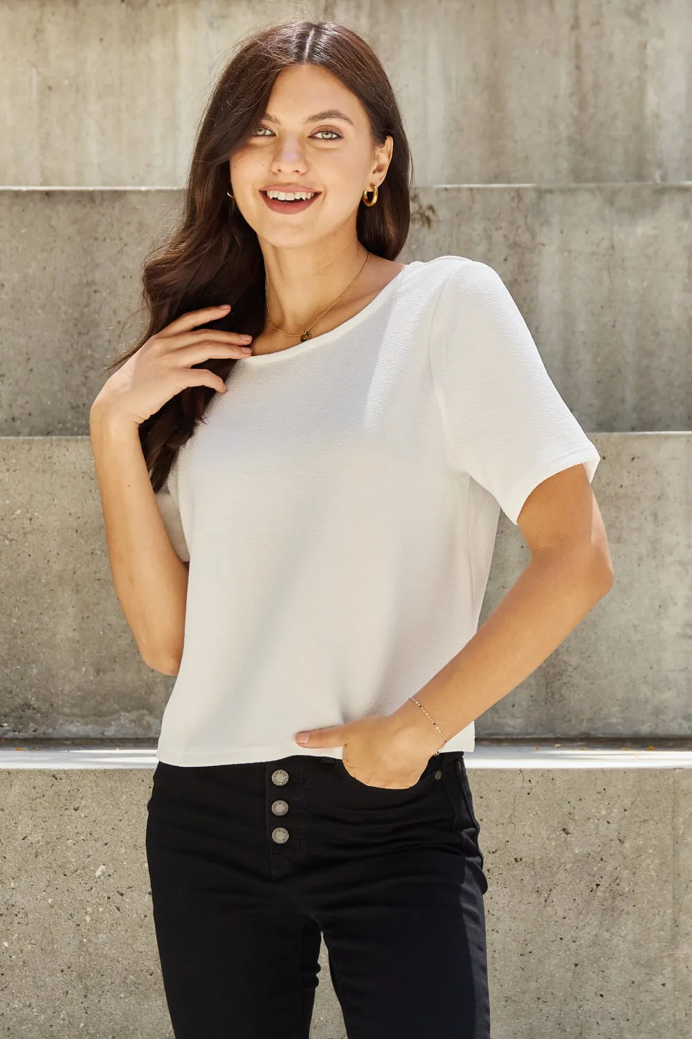 Pearly White Full Size Criss Cross Pearl Detail Open Back T-Shirt, image 9