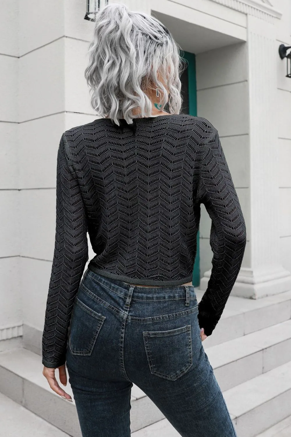 Drawstring V-Neck Long Sleeve Knit Top, image 6