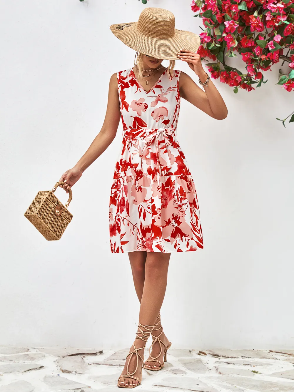 Floral V-Neck Tie Waist Sleeveless Dress, image 6