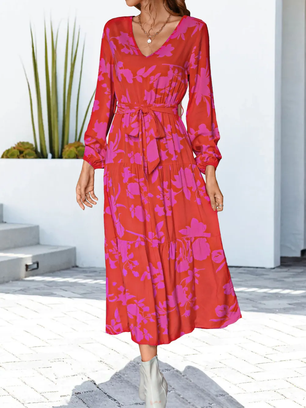 Floral V-Neck Long Sleeve Dress, image 3