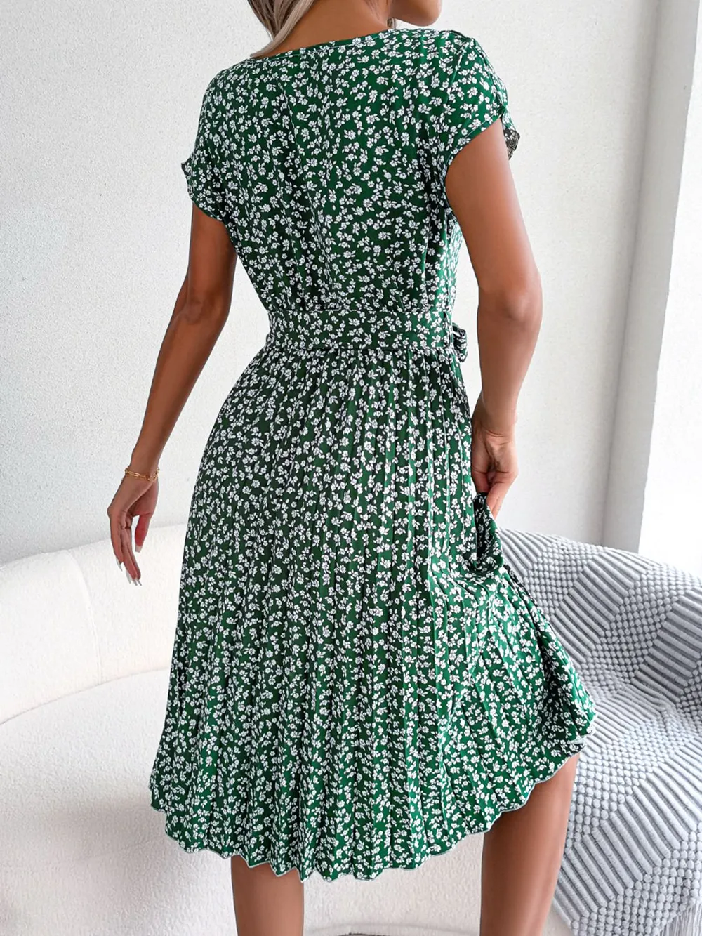 Ditsy Floral Pleated Belted Dress, image 7