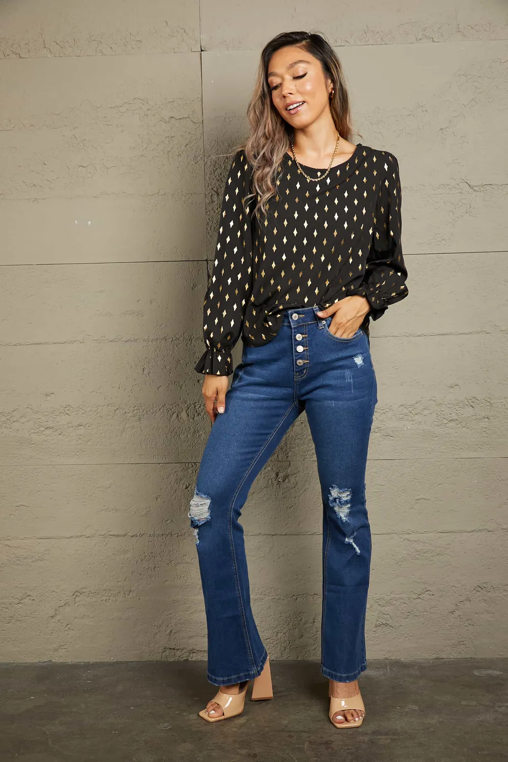 Printed Round Neck Flounce Sleeve Blouse, image 4