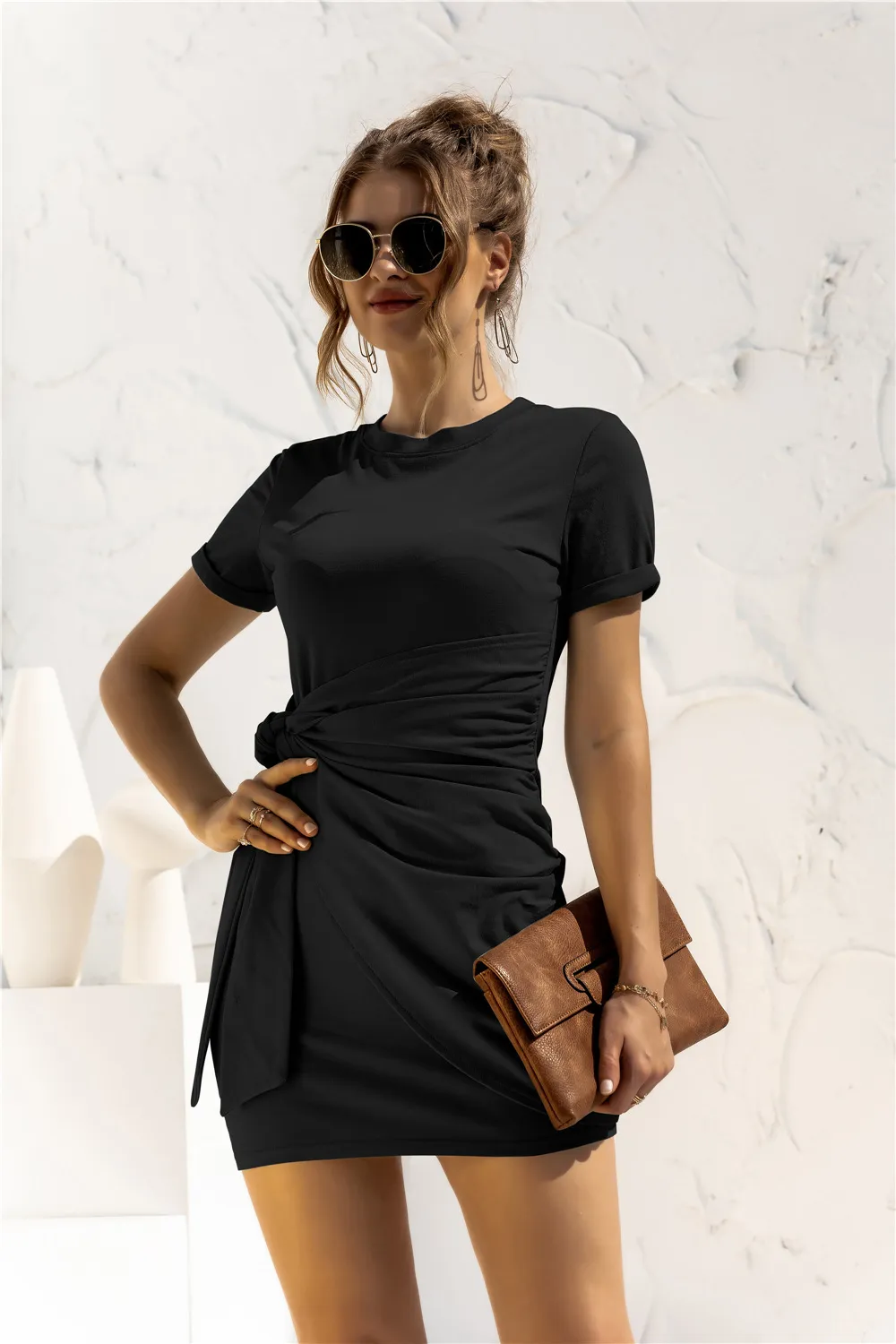 Round Neck Cuffed Sleeve Side Tie Dress, image 10
