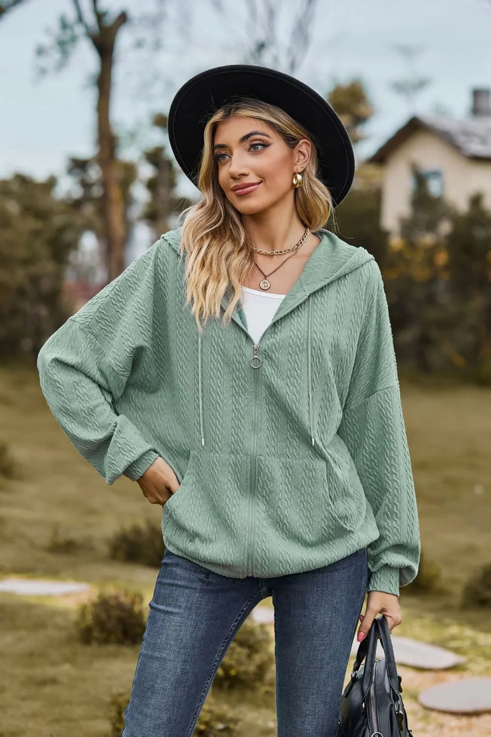 Cable-Knit Long Sleeve Hooded Jacket, image 8