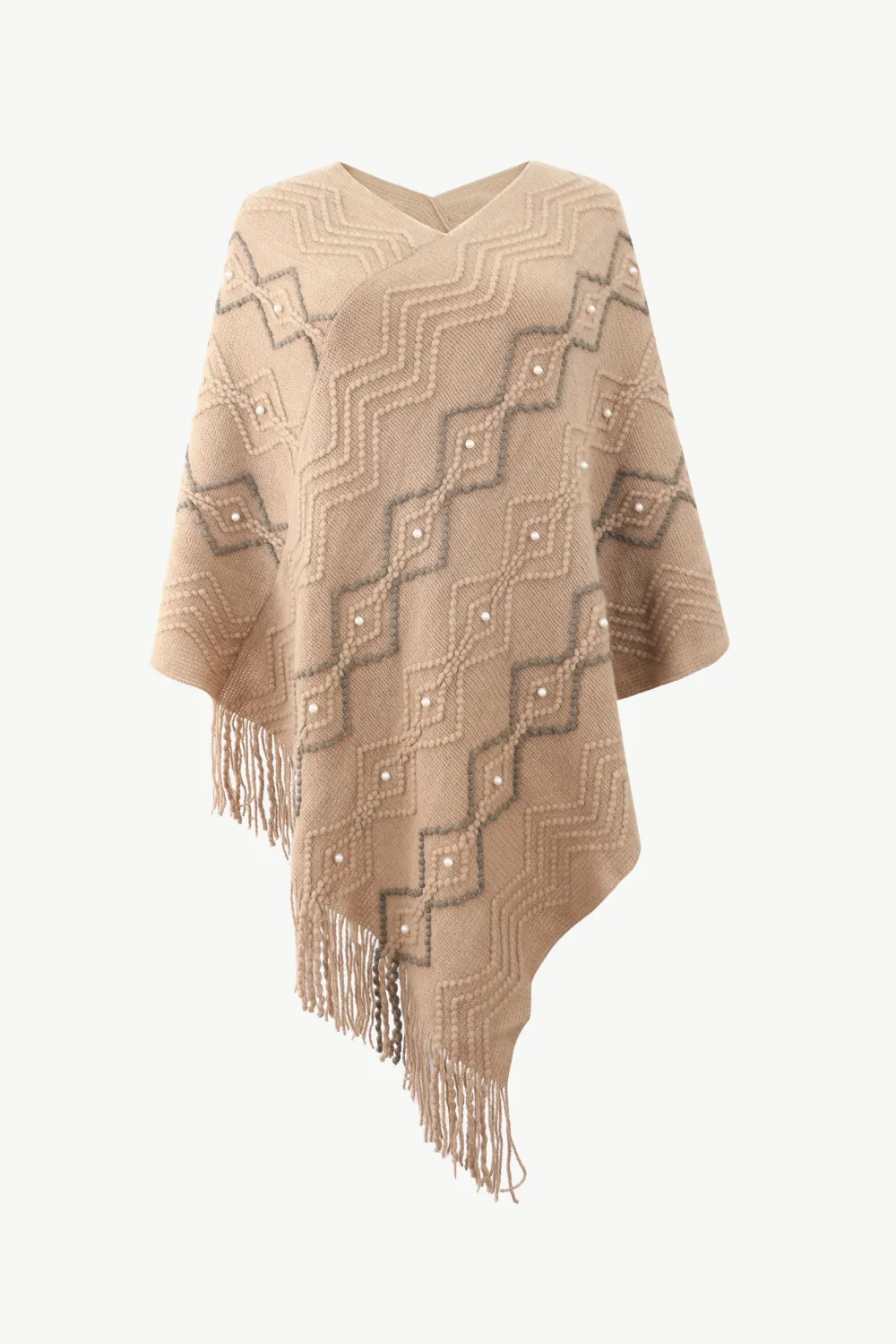 Pearl Trim V-Neck Fringe Hem Poncho, image 13