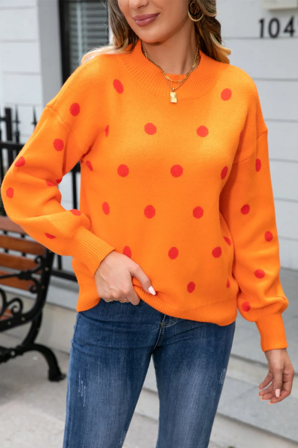 Polka Dot Round Neck Dropped Shoulder Sweater, image 19
