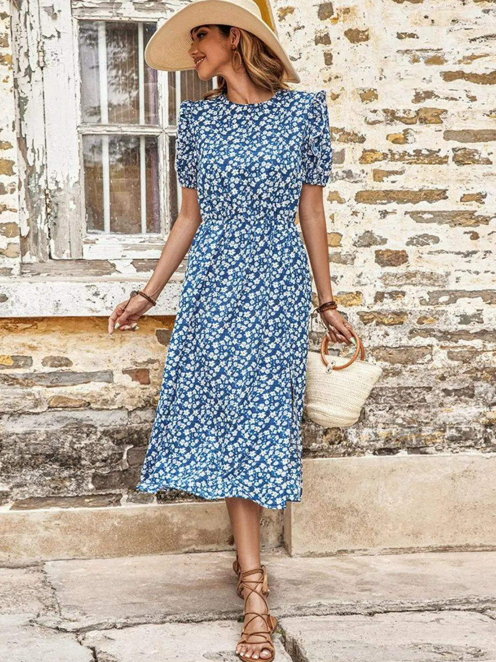 Floral Round Neck Split Midi Dress, image 3