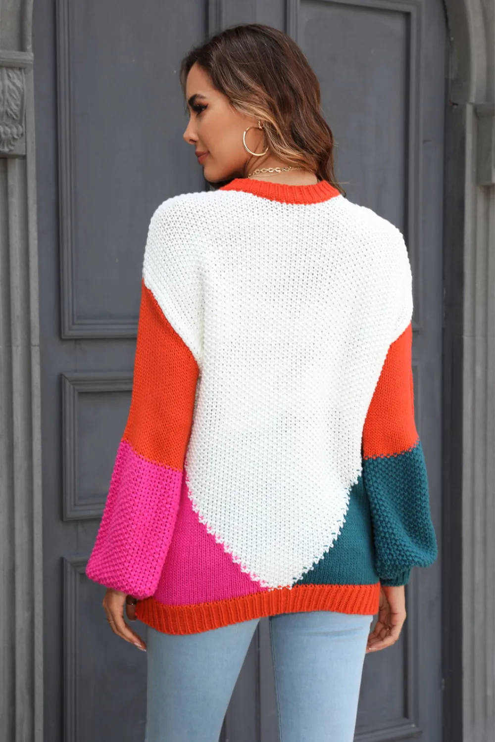 Color Block Round Neck Drop Shoulder Sweater, image 7