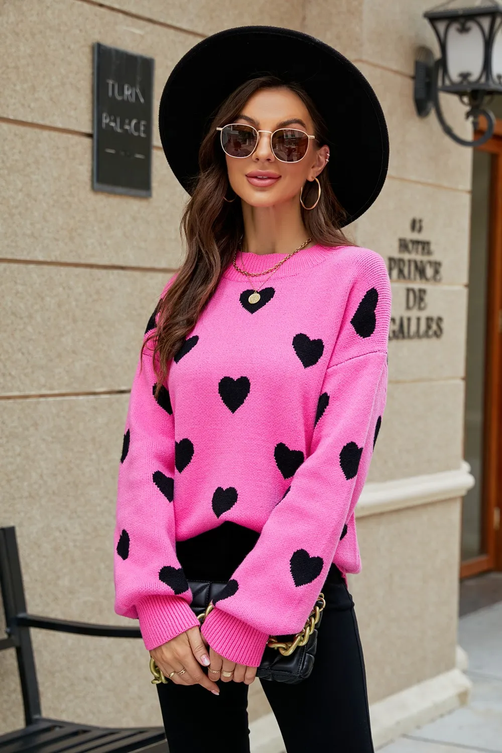 Heart Pattern Lantern Sleeve Round Neck Tunic Sweater, image 20