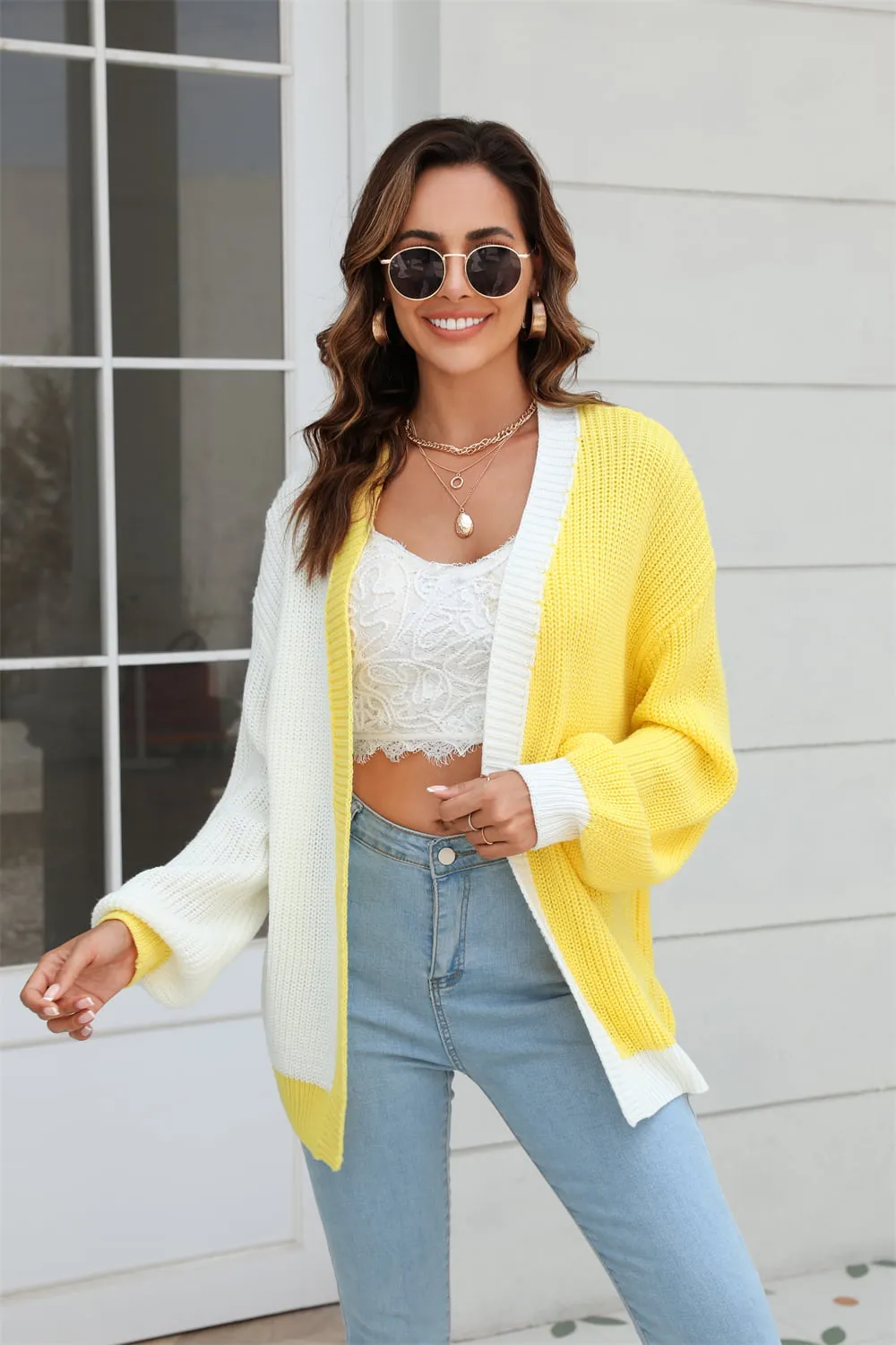 Open Front Contrast Color Balloon Sleeve Cardigan, image 7