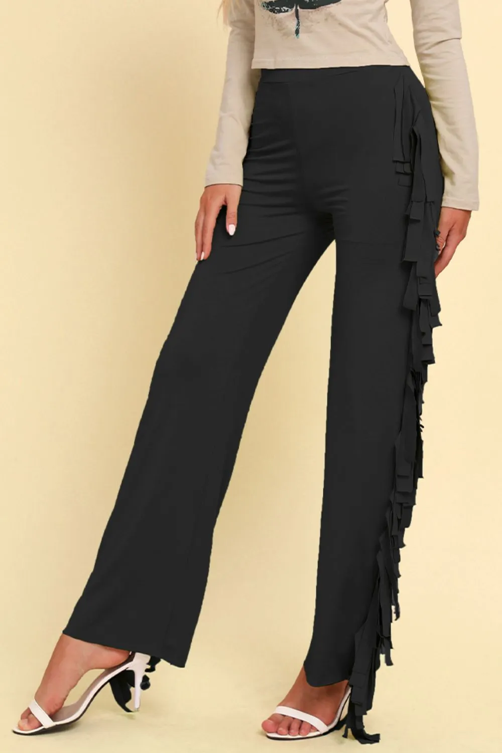 Fringe Trim Wide Leg Pants, image 4