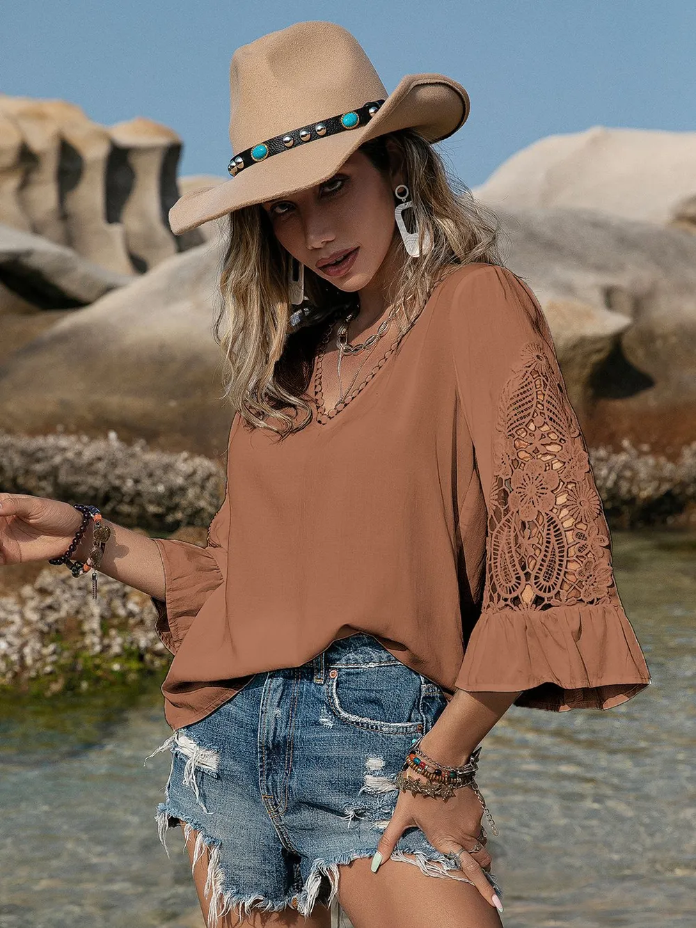Openwork V-Neck Flounce Sleeve Blouse, image 4
