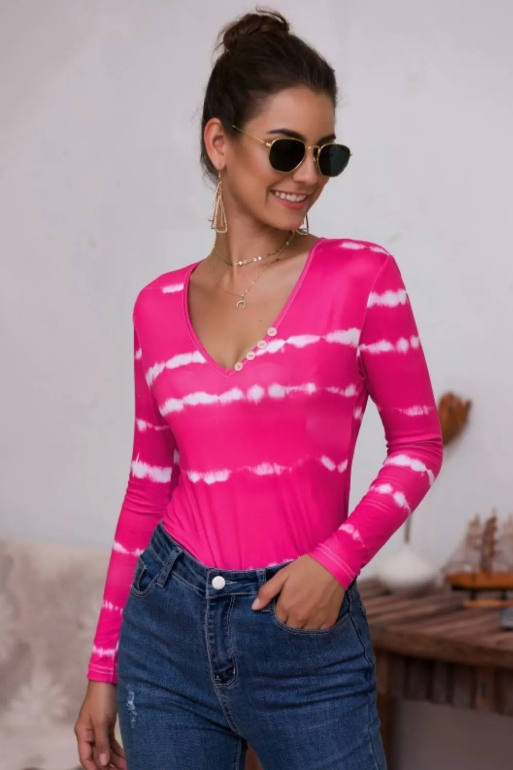 Tie-Dye Plunge Long Sleeve Top, image 6